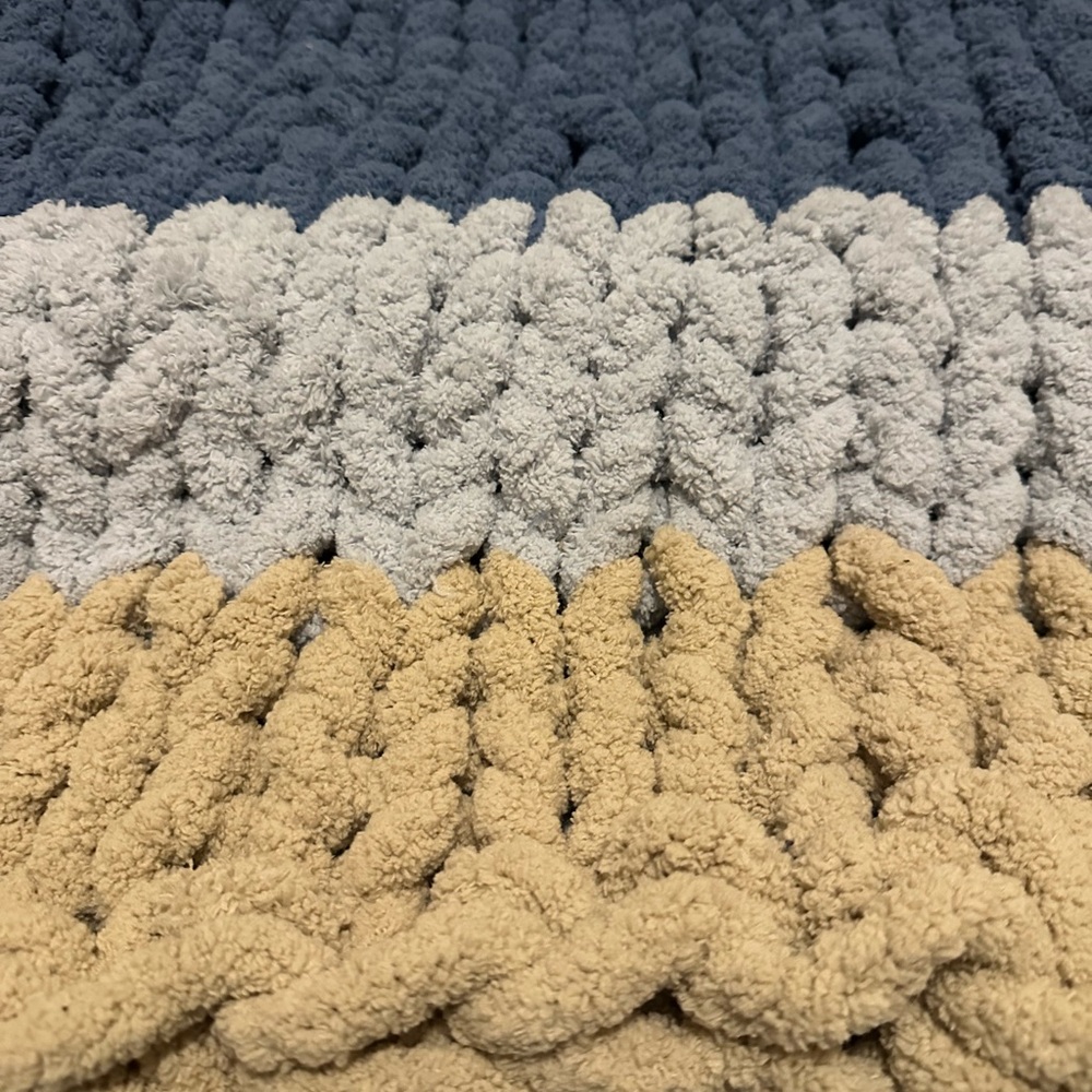 Chunky Knit Blanket in Blue, Gray, and Tan